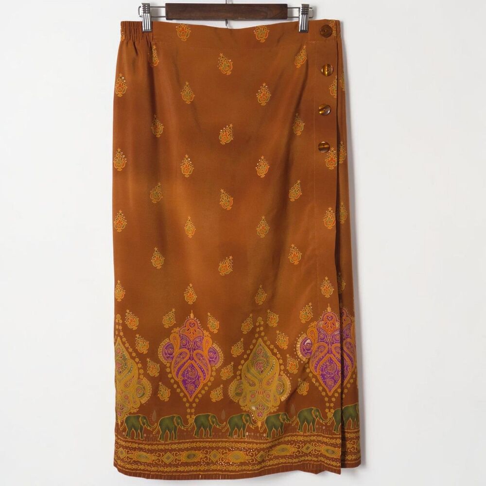 Liz & Me Maxi Skirt Womens Plus Sz 1X (16) Faux Wrap Orange Boho Elephant Thai